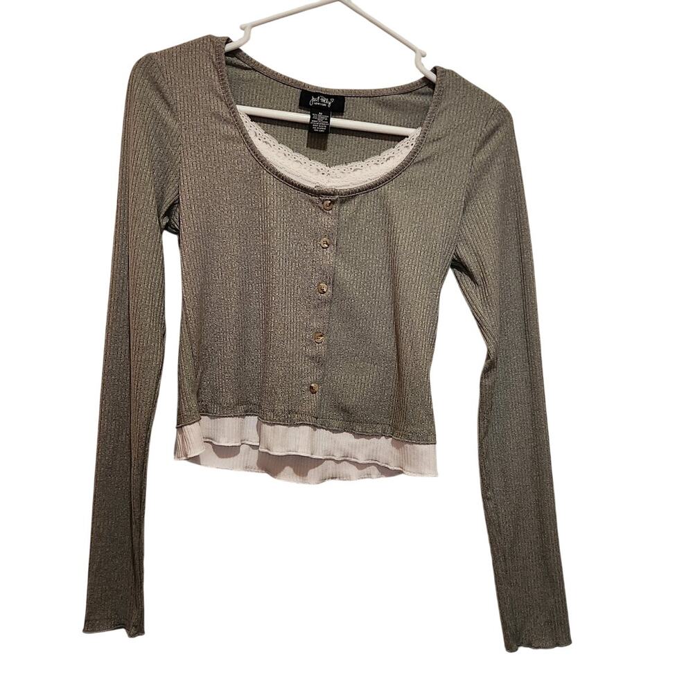 Just Polly Gray Ribbed Long Sleeve Layered Look Cardigan 2 in 1 Top Size Medium
